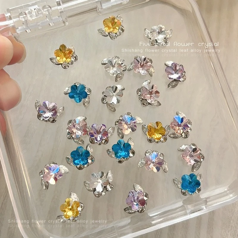 1Pc Plum Blossom Crystal Stacked Nail Charms, new 3D translucent pink alloy flower rhinestone beads trendy manicure decorations