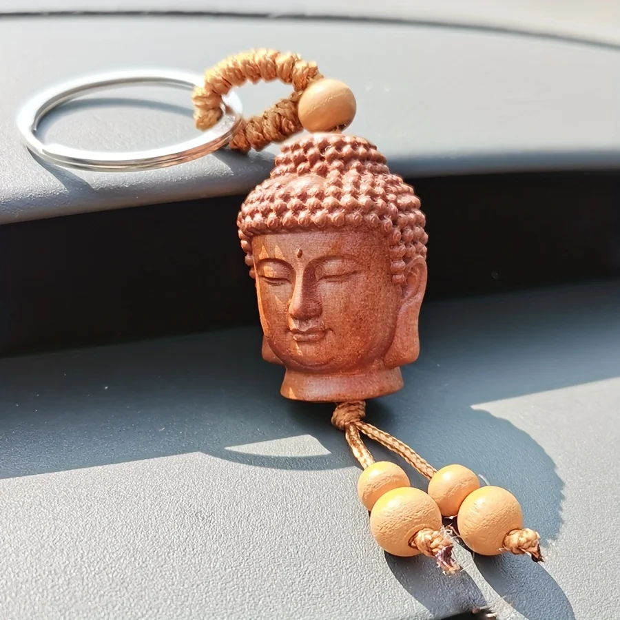 Ethnic Mascot Mahogany Unique Peach Wood Carved The Buddha Head 3D Key Chain Car Key Ring Rings  - Perfect Gift for Any Occasion