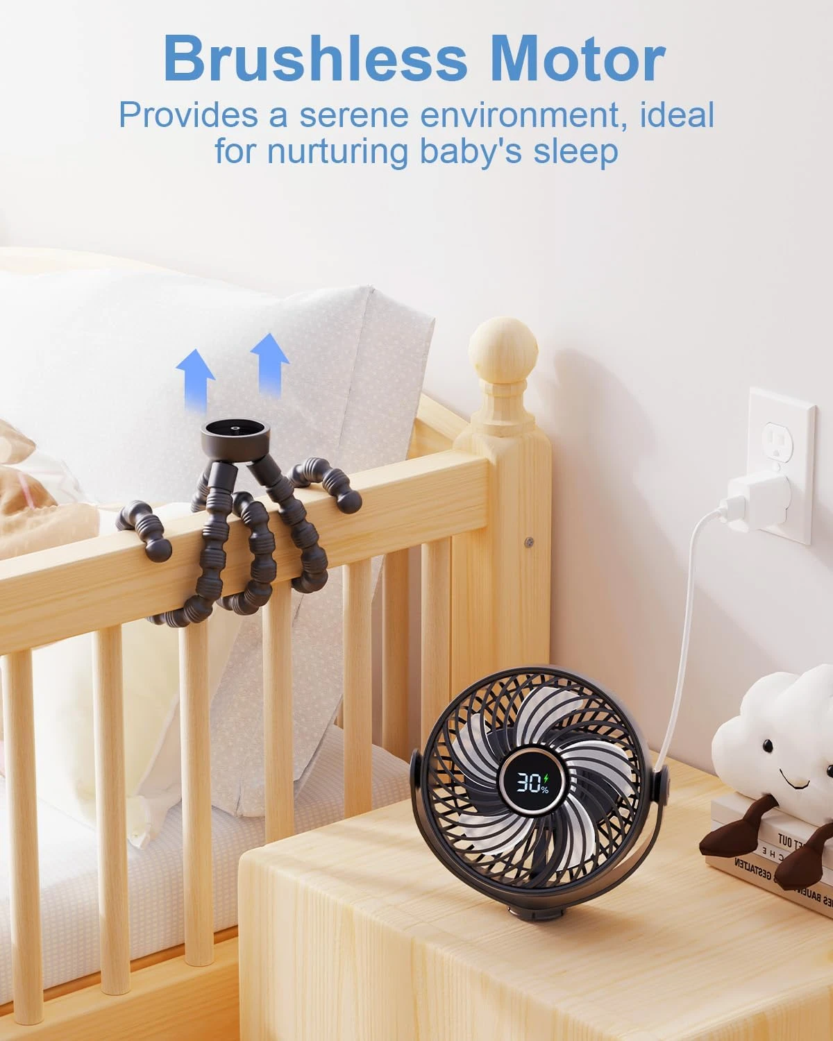 Portable Stroller Fan for Travel, LED Night Light Clip on Fans Operated by Rechargeable Battery, Cordless Fan with Tripod Car Se