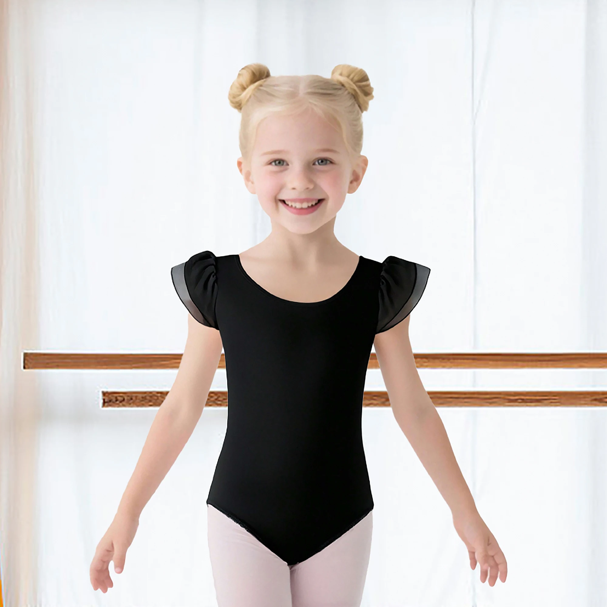 Schwarze Ballett-Trikots für Mädchen, doppelte Chiffon-Ärmel, Gymnastik-Tanz-Trikots, überkreuzte Träger hinten, Tanzbekleidung ﻿