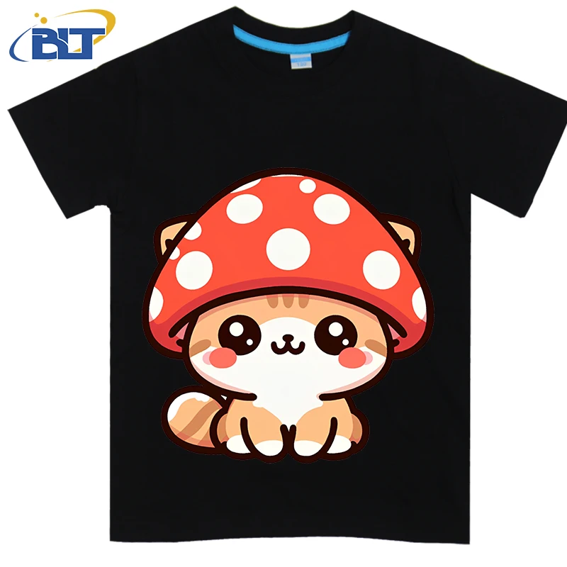 Cat Mushroom Cute Kitty printed kids T-shirt summer pure cotton short-sleeved casual top suitable for both boys and girls