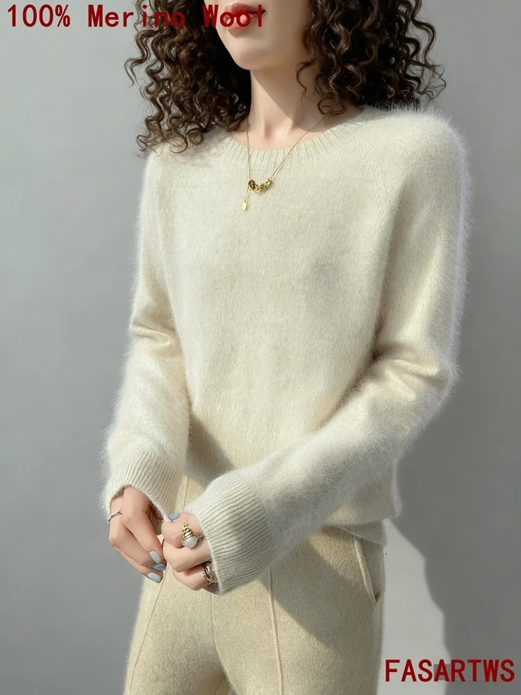 

Women 100% Mink Cashmere Sweater O-Neck Pullover Long Sleeve Plus Size Knit Autumn Winter Versatile Basic Model Soft Warm Tops