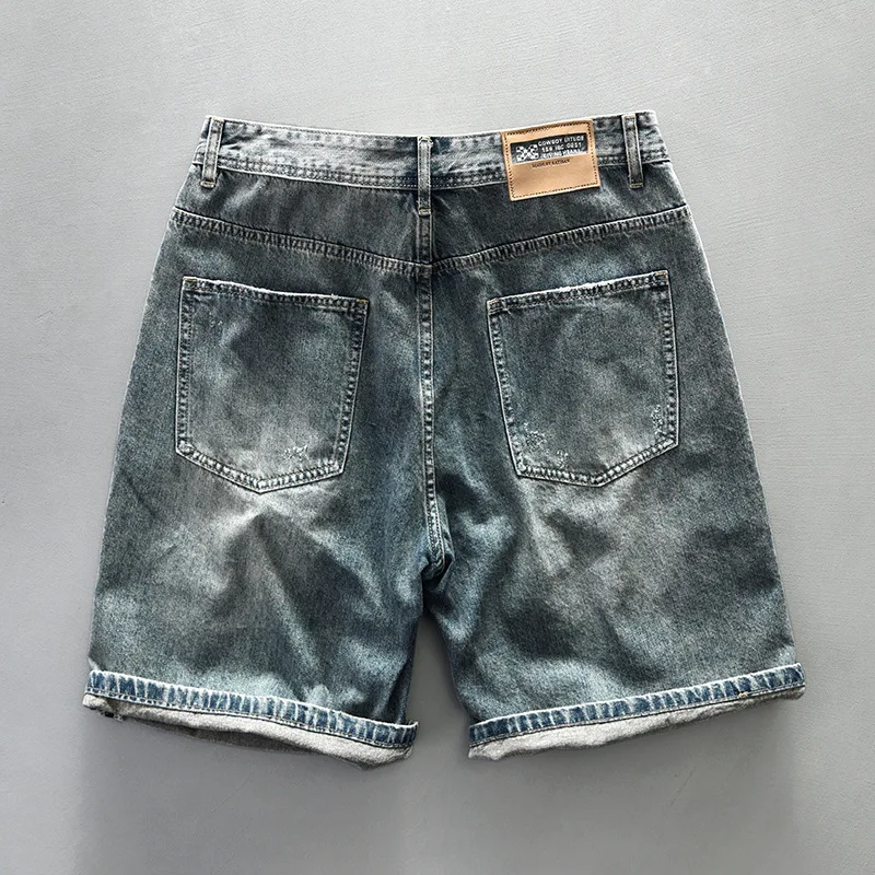 Vintage Washed Denim Shorts for Men 2024 Summer Casual Ripped Hole Straight Half Jeans for Youth Male Cityboy Loose Knee Pants