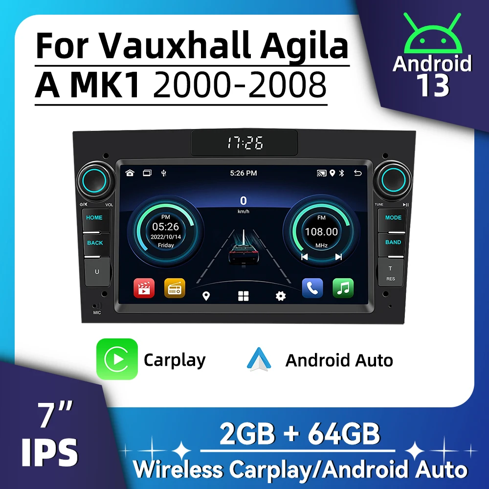 راديو أندرويد للسيارة الوسائط المتعددة 2 Din مقاس 7 بوصات لـ Vauxhall Agila A MK1 2000-2008 وحدة Carplay اللاسلكية التي تعمل بنظام أندرويد وحدة رأس ستيريو GPS WIFI