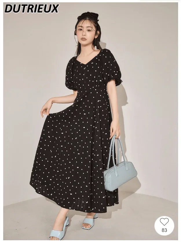 Summer New Back Lace-up Cutout Waist-Tight Slim Fit Sweet Girls Maxi Dress Puff Short Sleeve Vacation Long Dresses for Women