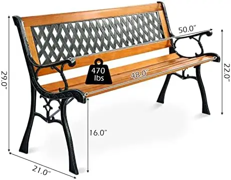 Garden Bench, Pine Park Bench Porch Bench with Diamond Weaving Backrest, 470 LBS Bearing Capacity, Weatherproof Outdoor