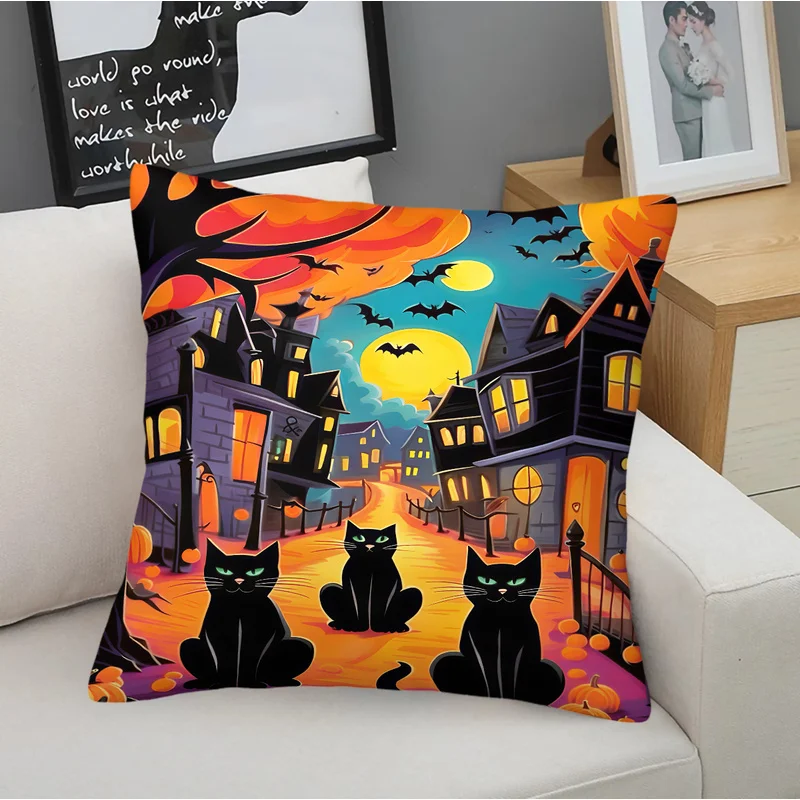 Halloween Spooky Throw Pillow With Pillow Inserts Cozy Car Spider Castle Pumpkin Skull Print Cushion Vintage Sofa Bed Decor Gift
