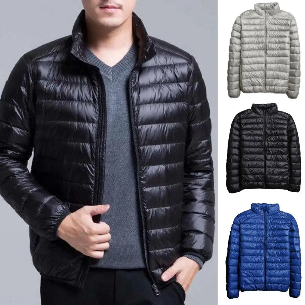 Solid Color Men Coat Men\'s Lightweight Padded Jacket with Stand Collar Zipper Placket Autumn Winter Outwear with Quilted Design