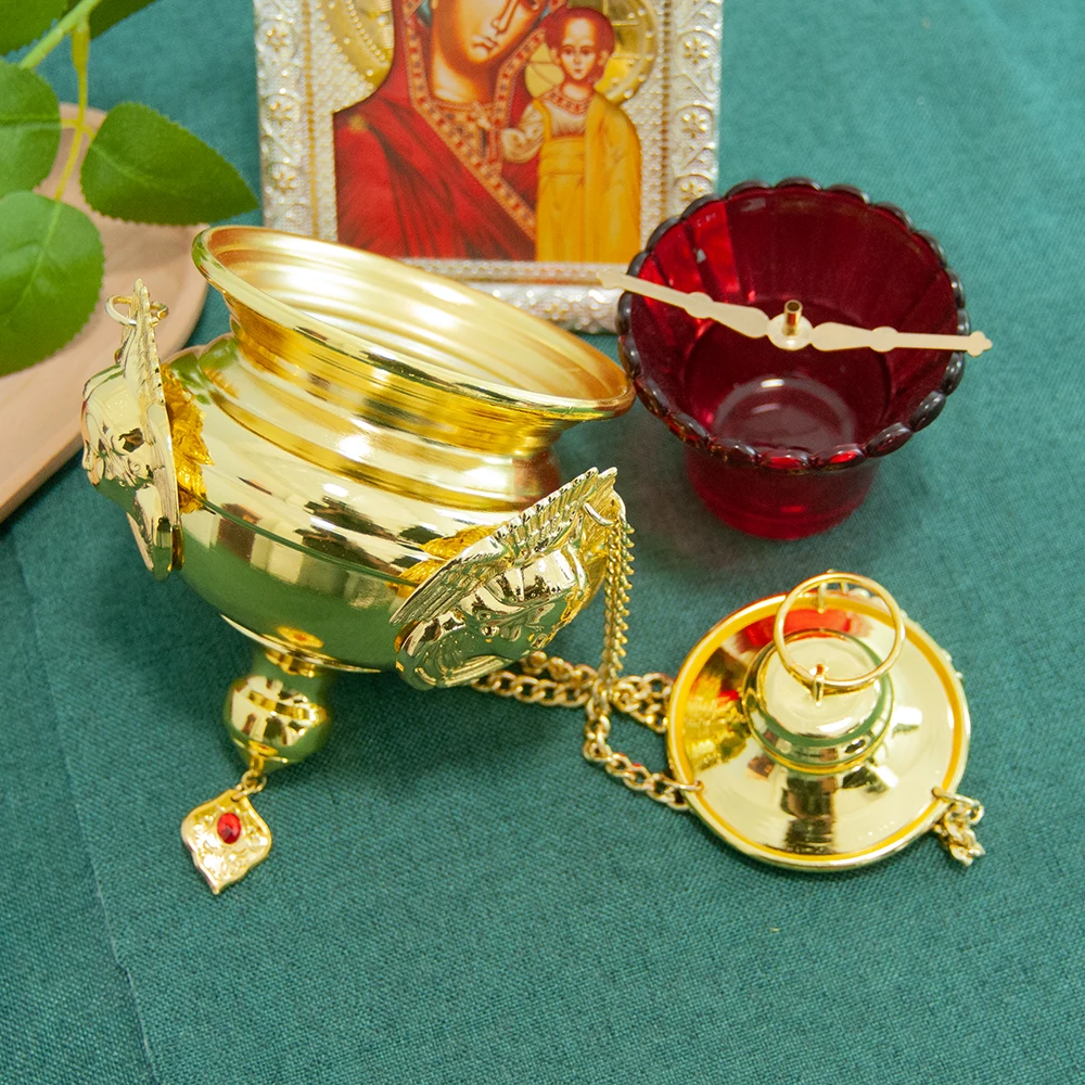 Ornate Intricate Seraphim Sculpture Luxury Gold Hanging Orthodox Oil Lamp Etched Cross Premium Red Glass Cup Cathedral Religious