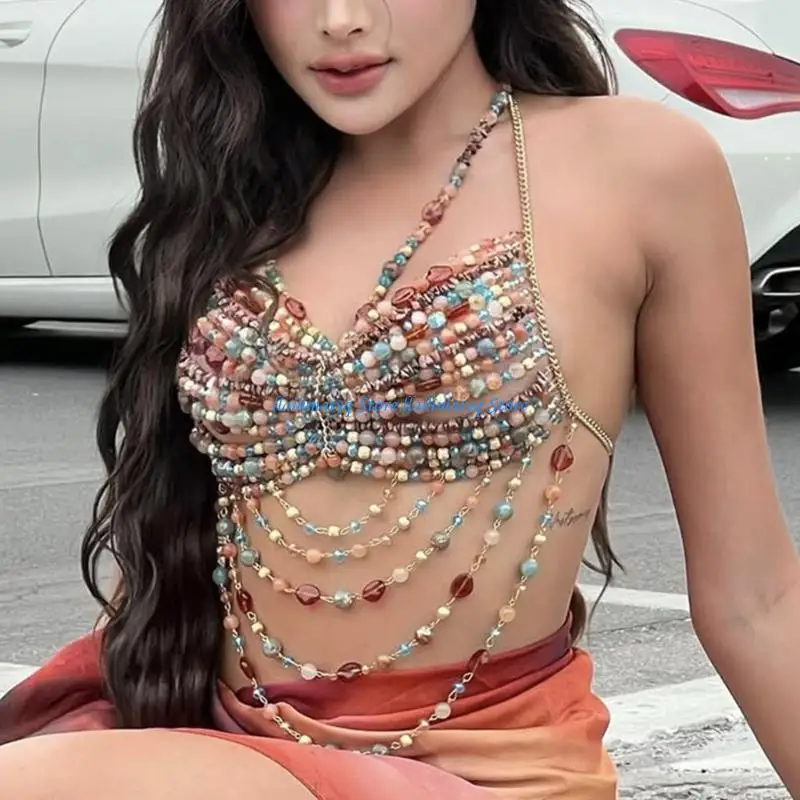 573B Fashionable Acrylic Beads Artificial Pearls Body Jewelry Strap Top Bustier For Party Wedding Evening Event