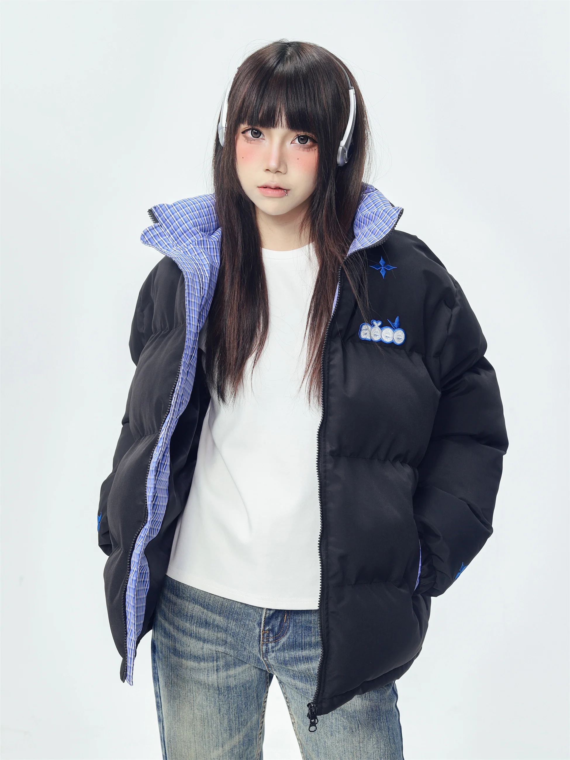 

KESOAK American Trendy Plaid Splicing Thiened Warm Stand Collar Winter New Sle Cotton Jaet Street Sle Loose Fit Zipper