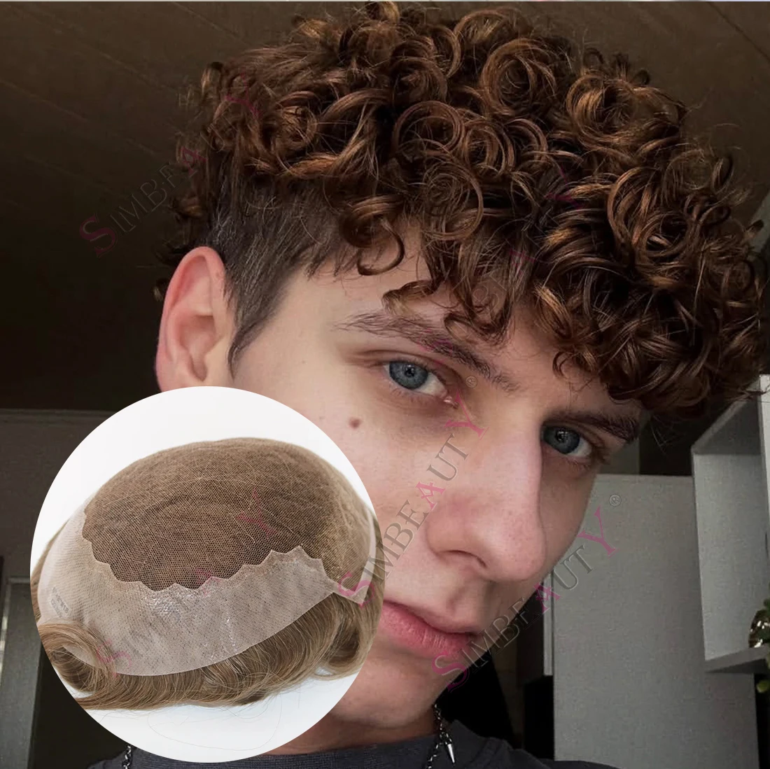 

Мужской парик-накладка из 100% натуральных волос, 26 мм, с объемными кудрями, цвета 1B65, 1B50, дышащий швейцарский кружевной и полиуретановый основой, Q6 Lace Front, светло-русый, с эффектом соли и перца