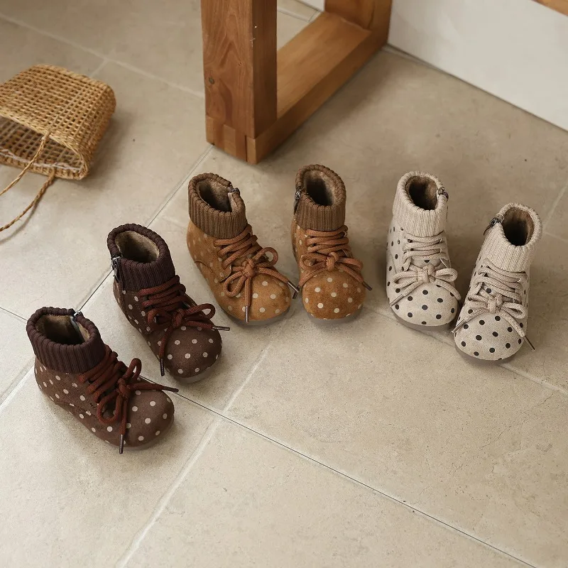 Girls Polka Dot Ankle Boots Side Zipper Children Fleece Lined Warm Boots Kids Short Leather Boots Non Slip 2026 Winter New