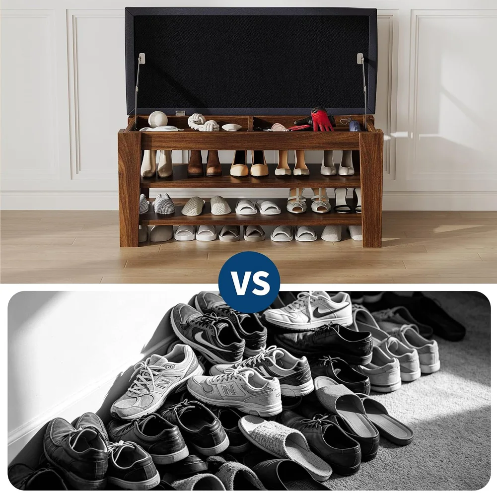 Shoe Rack Bench 2-Tier Wood Shoe Storage Bench, Entryway Bench | Entryway Bench with Flip-Top Storage & Cushion, Adjustable Shelf