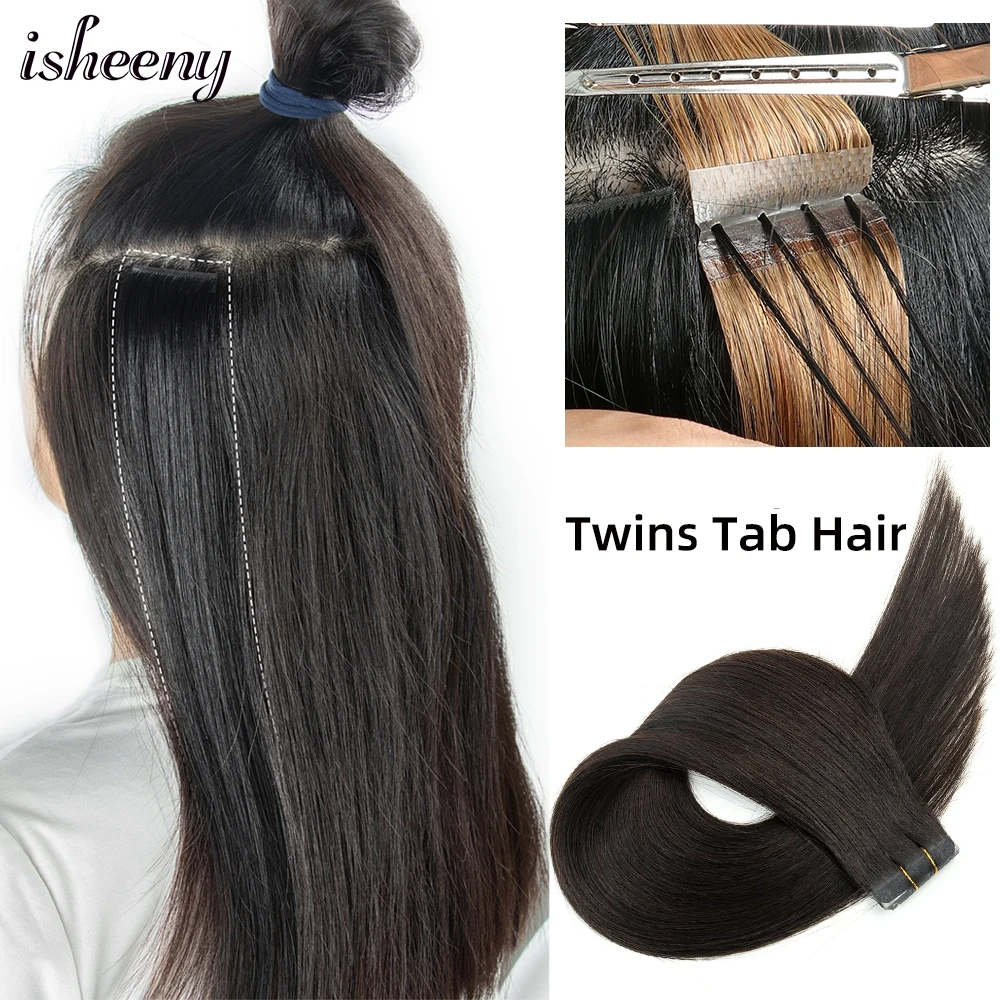 isheeny-twins-tape-in-human-hair-extensions-16-inches-real-natural-machine-remy-pull-through-invisible-hole-tape-hair-10pcs