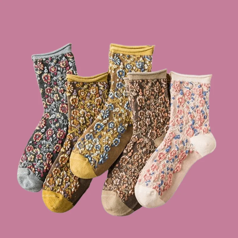 5/10 Pairs New Fashion Ethnic Style Floral Middle Tube Socks Personality Three-dimensional Relief Retro Ladies Casual Long Socks