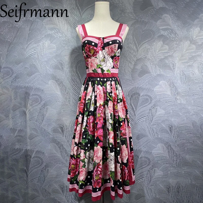 Seifrmann 2026 Sommer Damen Neues Modisches Trägerkleid aus Baumwolle mit Print und Taillenbetonung, mittellang
