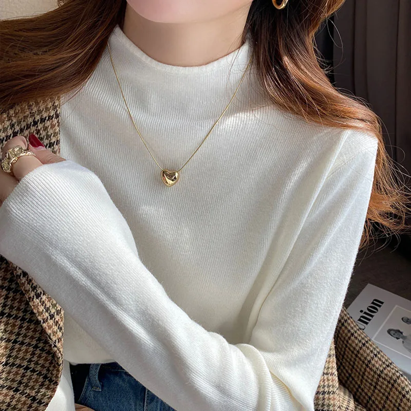 New White Mock Neck Knitted Knitwears Sweater Women Pullovers Long Sleeve Knit Sweater Pullover Women Tops Sueter Feminino Q2165