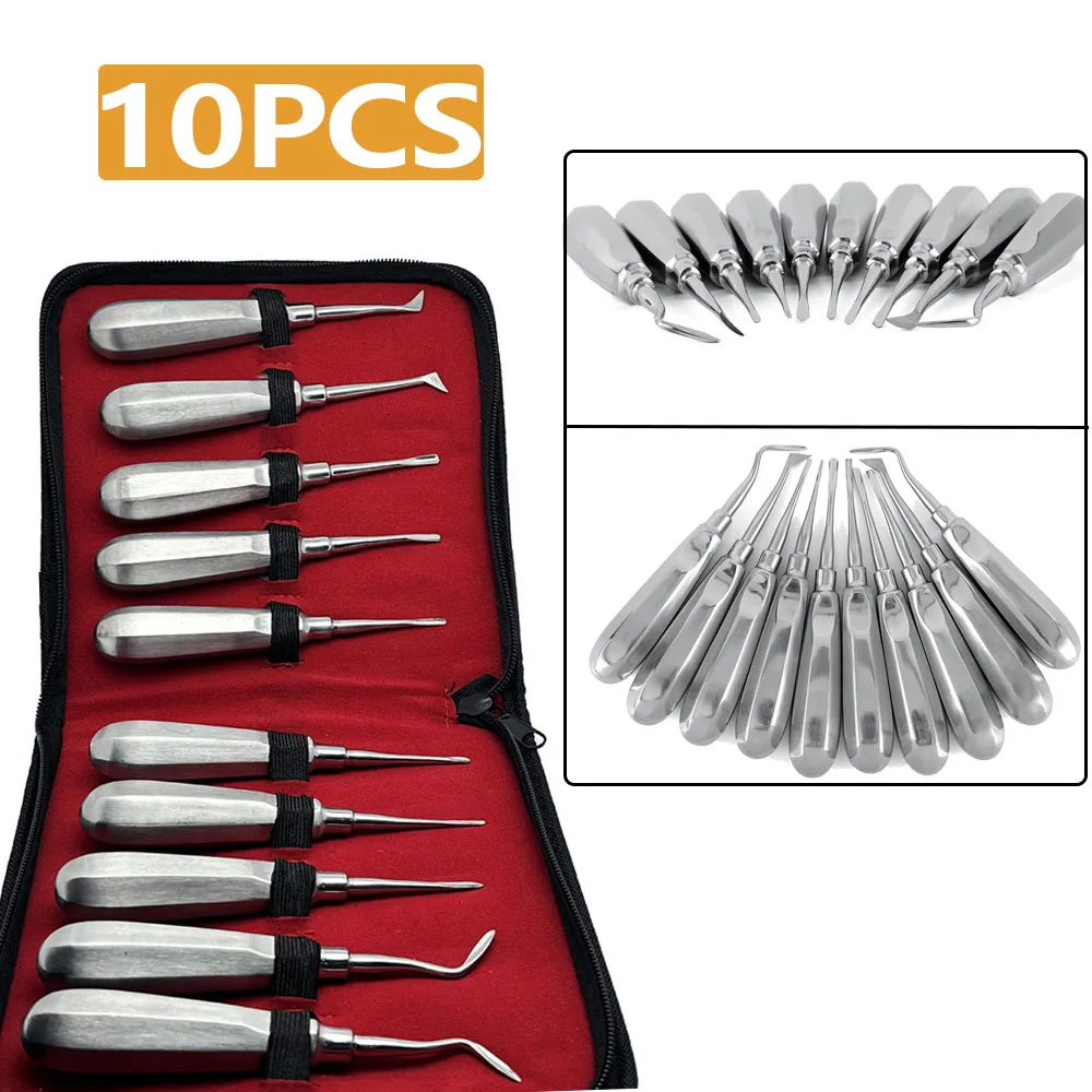 

10PCS Dental Handle Luxating Lift Elevator Kit Dental Elevator Handle Curved Root Extraction Dentistry Tools