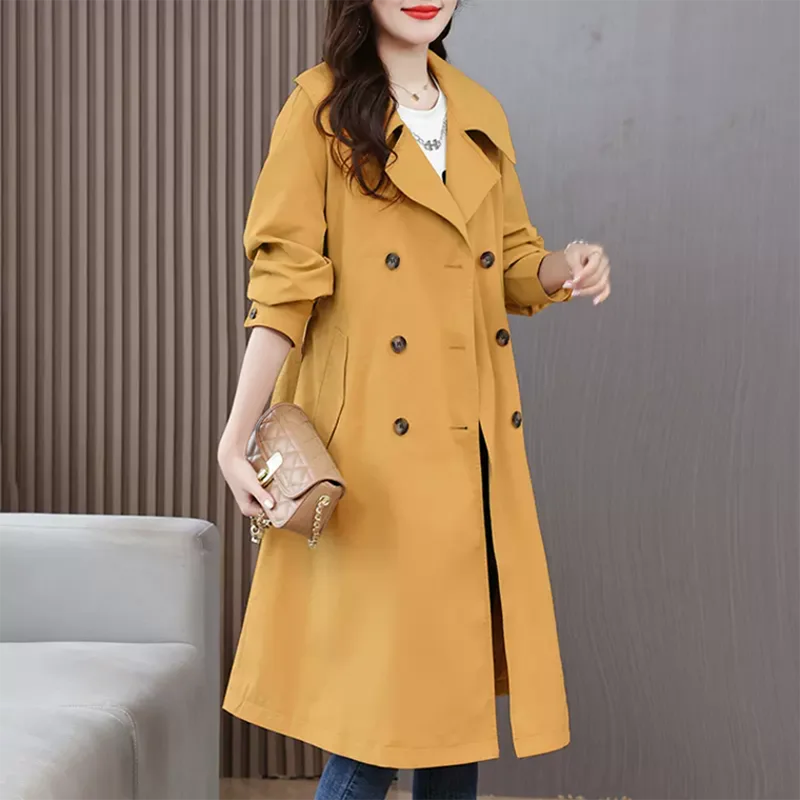 

Ветровка для отдыха, женское пальто, весна-осень 2024, новая мода, свободный карманный пояс, длинный двубортный плащ, верхняя одежда