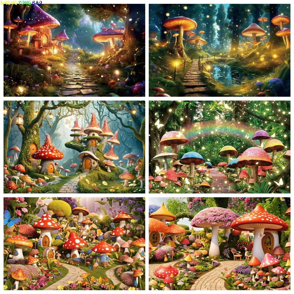 

Fairy Tale Enchanted Forest Backdrop Dreamy Mushroom Jungle Wonderland Baby Birthday Party Photography Background Photo Studio