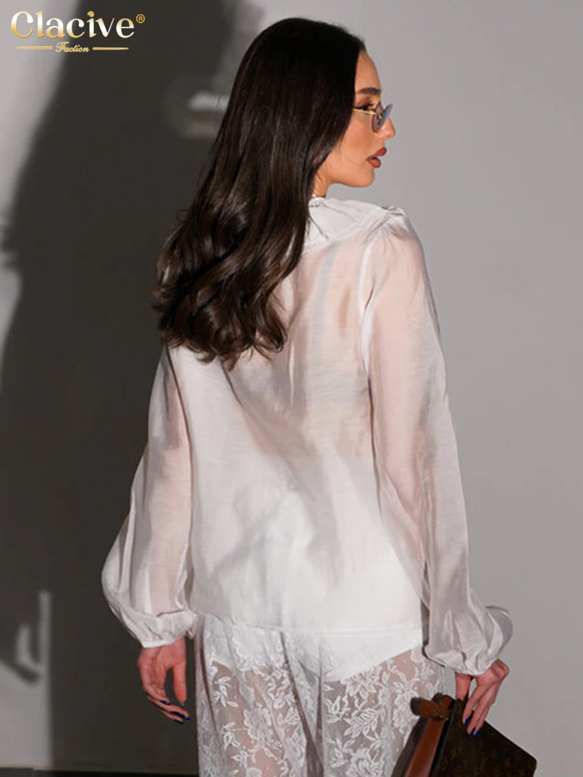 Clacive Sexy Loose White Women's Shirt 2025 Fashion V-Neck Long Sleeve Shirts Elegant Classic Ruffle Solid Top Female Clothing