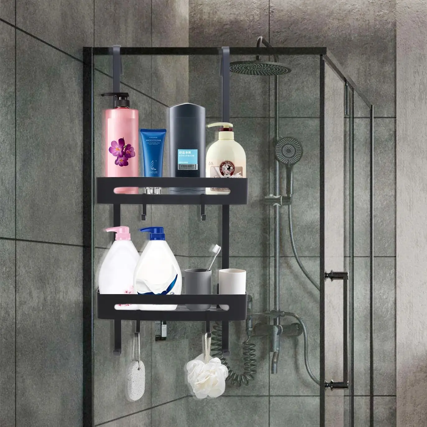 Over the Door Shower Caddy 2-Tier Shower Organizer Rustproof Aluminum Shower Shelf with Adhesive No Drilling Bathroom Storage