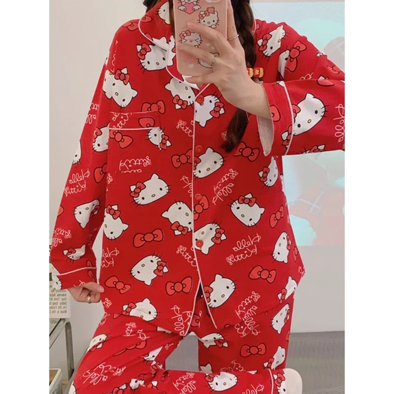 Sanrio hello kitty Herbst Baumwolle Damen Pyjama Seiden pyjama Damen Langarmhose Komfort und lässige zweiteilige Hauskleidung