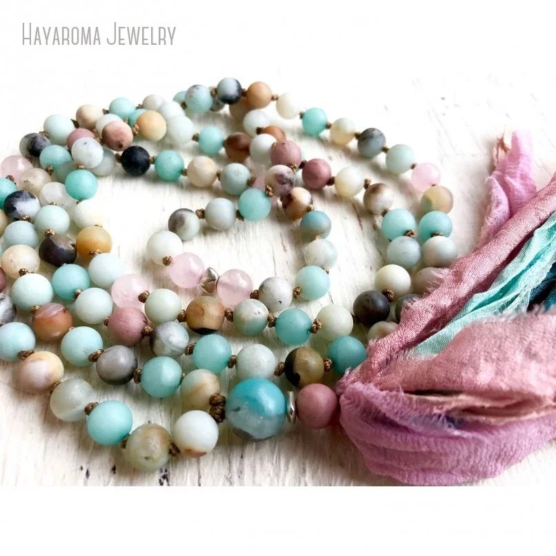 10Pcs 108 Amazonite Mala Beads Rose Quartz Rhodonite Healing Heart Chakra Mala Silk Sari Tassel Necklace