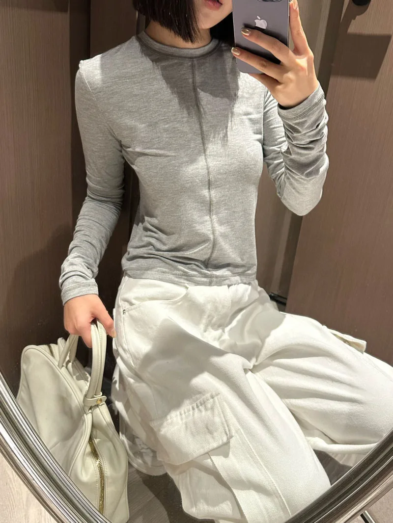 2024 Spring/Summer New Fashion Grey Knitted Top Women\'s Round Neck Short Sleeve Casual Sweet T-shirt