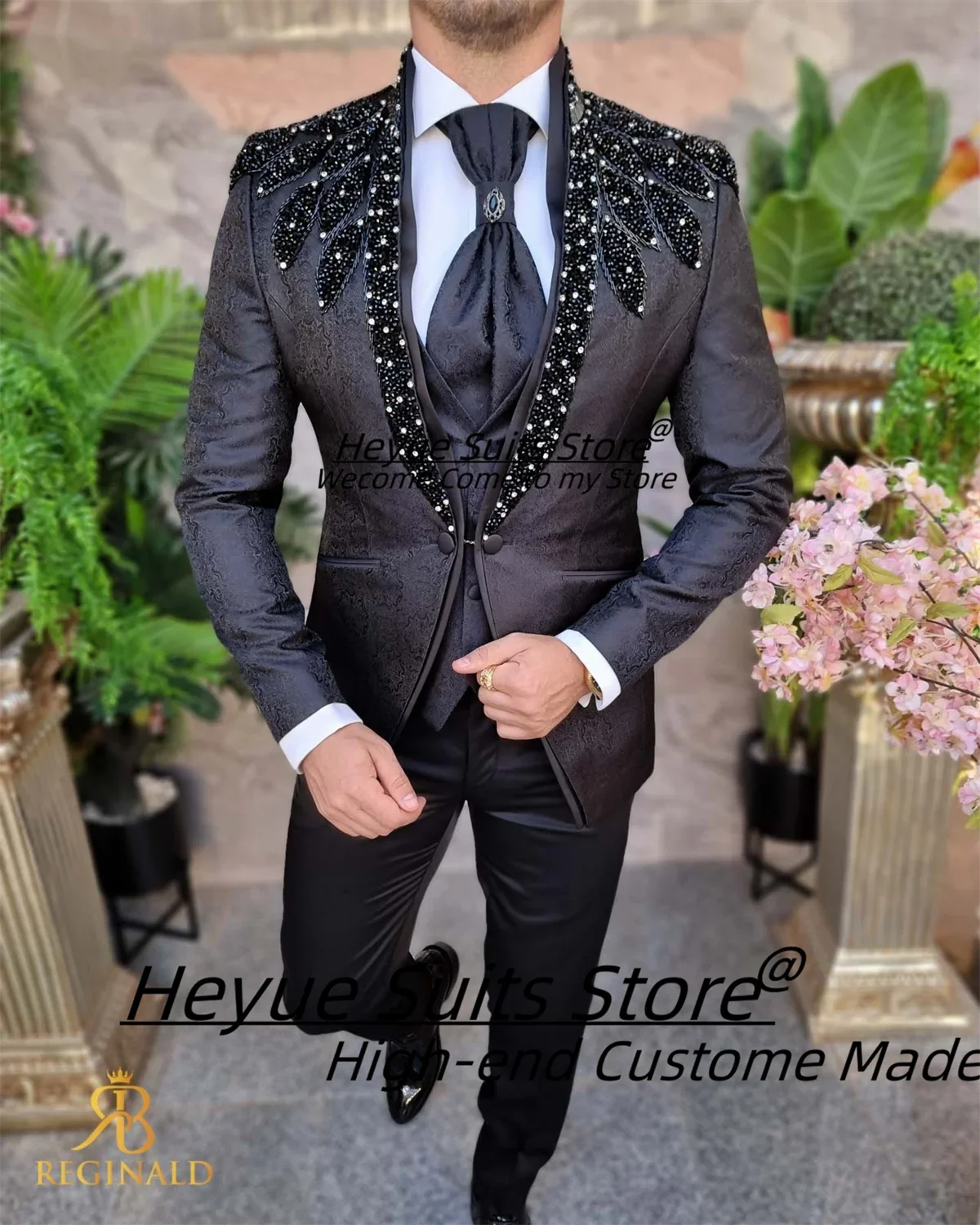 

High-qublity Black Jacquard Groom Wedding Tuxedos Customzied Slim Fit Stand Collar Men Suits 3Pcs Sets Formal trajes para hombre