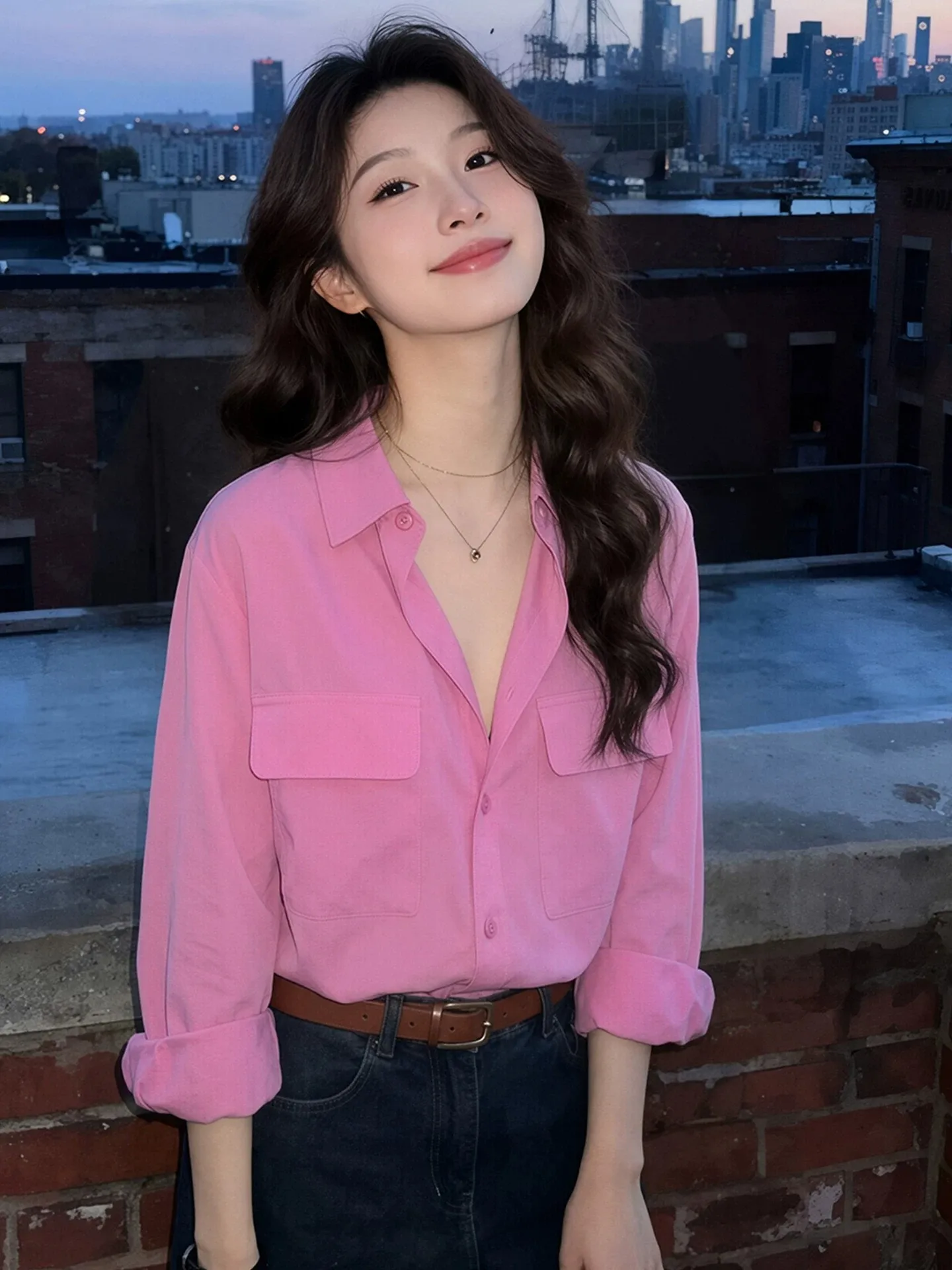 Casual Long Sleeve Pink Shirt Women's Loose Fit Double Pocket Turn-down Collar Top for Autumn Korean Style Commute Fashion