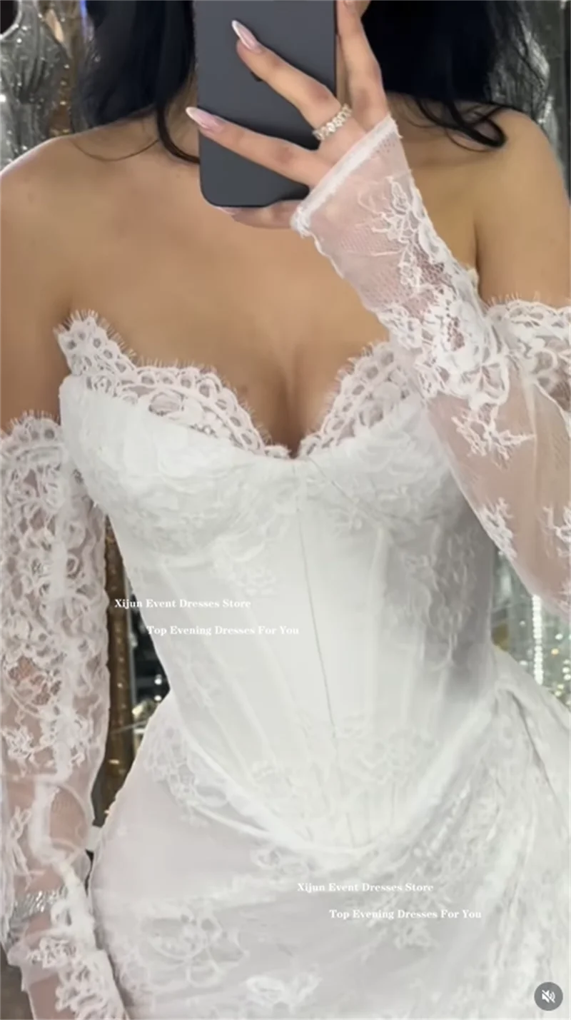 Xijun Luxe Ivoor Kant Trouwjurken Sweetheart Hoge Split Formele Galajurken Bloemen Bruidsjurken Met Mouwen Aangepast