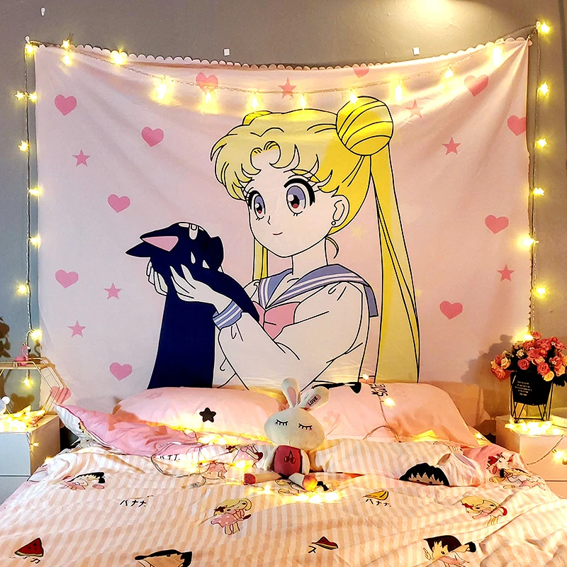 Macrameanimetapestry cute sailor moon room decor college dormitory decoration kawaii fairy wash hanging tapestry pink tapestries