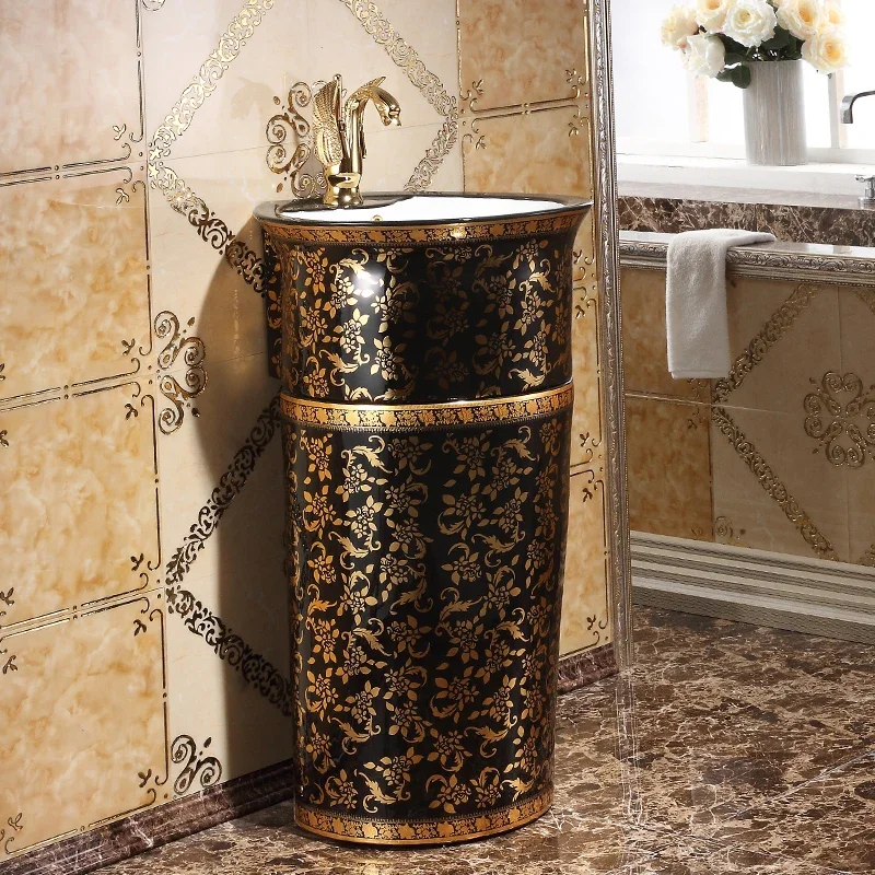 classical column , gold pillar , color gold pillar , black washbasin, wash basin.