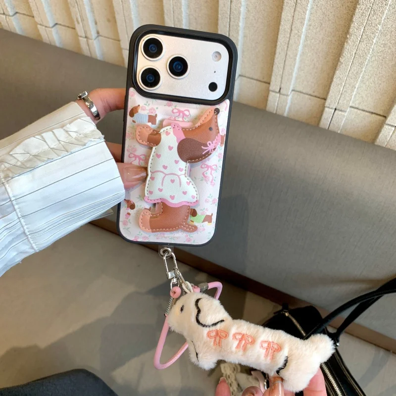 

Korean Pink Flower Cute Puppy Wristband Leather Phone Case For iPhone 17 Pro 16 15 14 Pro Max Cover with Pendant Hand Rope Cover