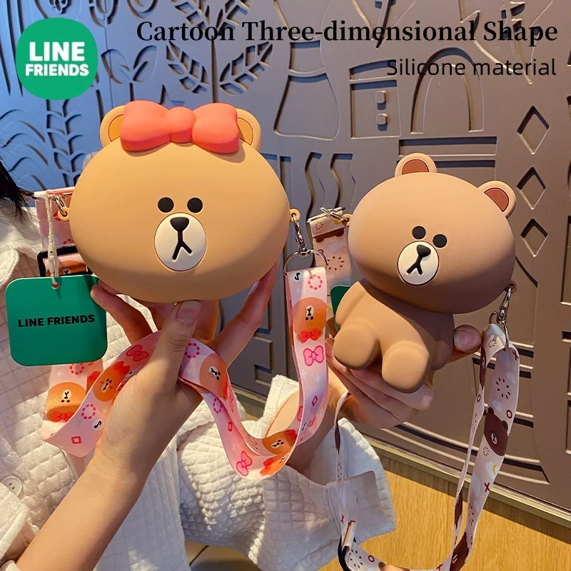 حقيبة كروس بنية من Line Friends للفتيات ذات مظهر عالٍ جديد من السيليكون لتخزين سماعات الأذن ومحفظة للعملات المعدنية هدية عيد ميلاد أنيمي Kawaii