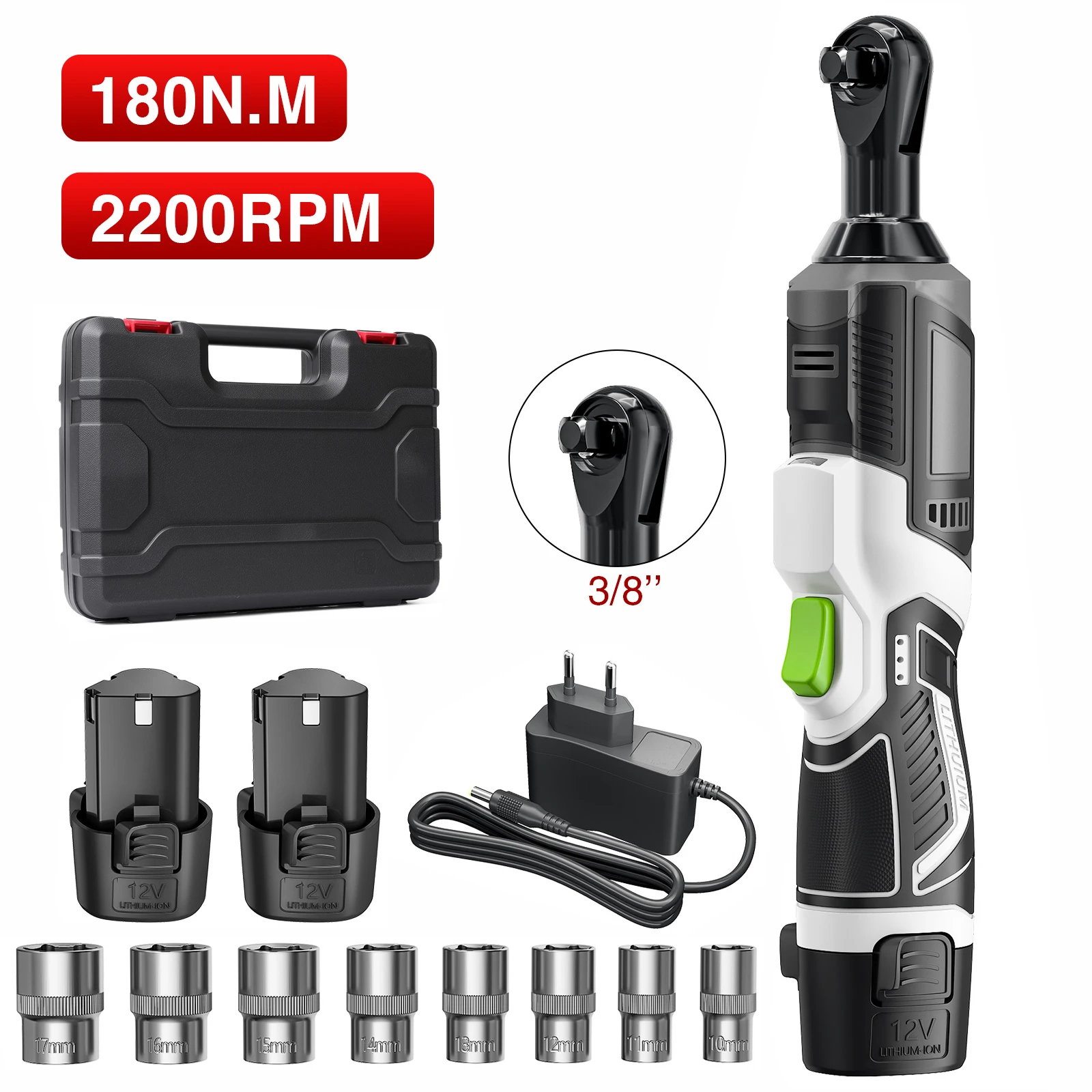 12V 3/8 Zoll 90 °   Kabelloser Elektrischer Ratschenschlüssel 180N.m Max. Drehmoment mit 8 Steckschlüsseln Vorwärts- & Rückwärtsschalter für Autoreparatur, Rahmenbau und Hauswartung