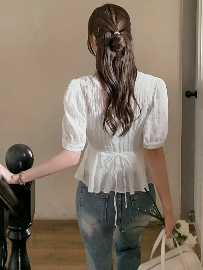 

Ele Sweet Slim Fit ort Sve V-Ne Bubble Sve irt Women's Summer Faionable Top Commute Sle Regular Thin