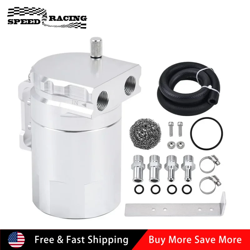 

Universal 300ML Aluminum Baffled Oil Catch Can Kit Reservoir Tank with Dipstick Fuel Hose Line Bracket For Most Car Black Sliver