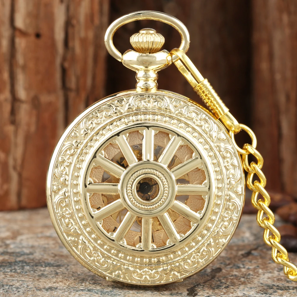 

Golden Fob Chain Mechanical Hand Winding Pocket Watch Hollow Hub Decor Watch Case Roman Numerals Dial Pendant Pocket Clock Gift