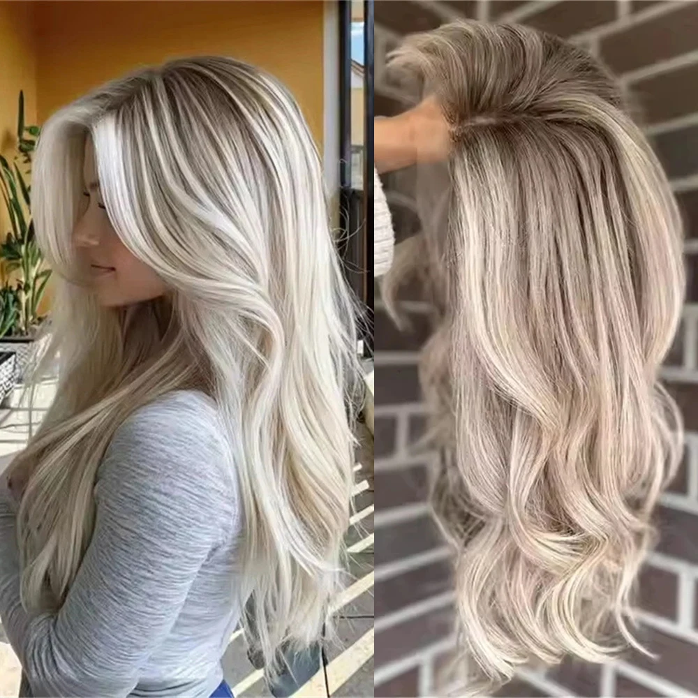 

Синтетический парик с омбре, оттенком платиновой блонд-серой, с HD-кружевом спереди, мягкий, длинный, с волнистыми локонами, предварительно выщипанный, реалистичный вид, для женщин