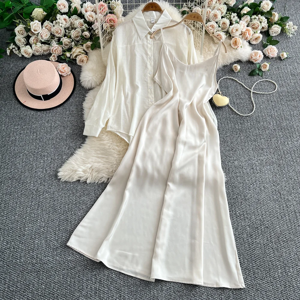 

Fashion Women's Dress Sets French Style Summer Long Sleeved Lapel Sun protection Loose Shirt+Slimming Camisole Satin Dresses