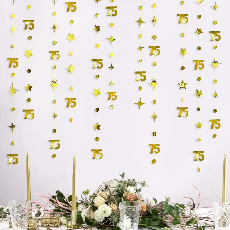 Gold 75th Birthday Banner Decorations Number 75 Circle Dot Twinkle Star Garlands Hanging Backdrop for 75 Year Old Birthday Party