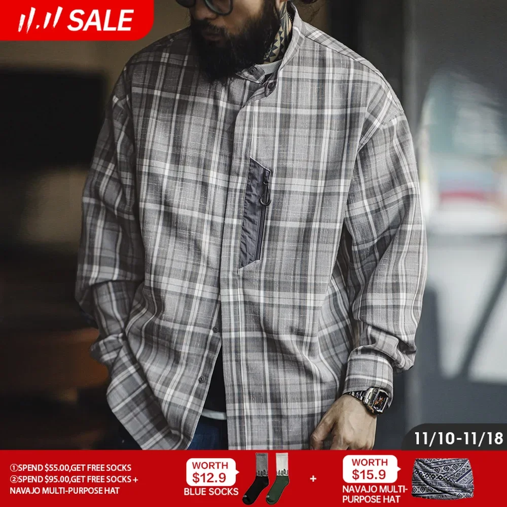 

Maden Retro Stand Collar Plaid Shirt with Blended Material Casual Long-sleeved Single-breasted Shirt for Men's Spring and Autumn