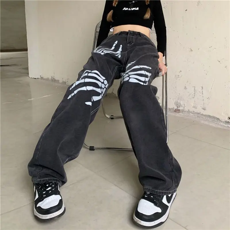 

Y2k New Vintage Printed High Street Jeans Women Luxury Trend Loose Straight Pants Female Black Wide Leg Trousers Gothic Clothes