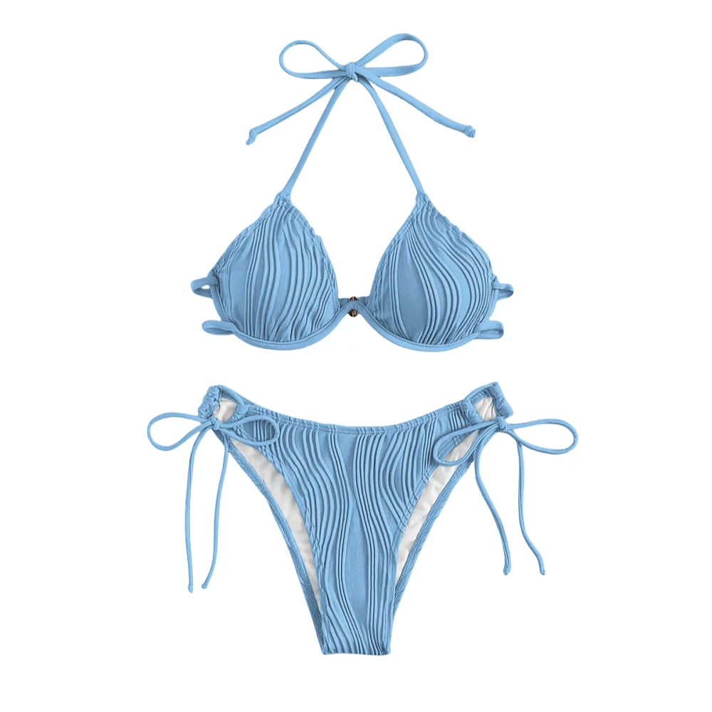Sexy Light Blue Halter Neck Bikini Set - Ruched Design - Women's Swimsuit Vacation Beach Swimwear Adjustable Sides for Summer