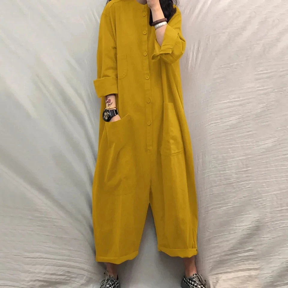 

Solid Color Casual Loose Pocket Jumpsuit Women New Fall Simple Long Sleeve Shirt Female Vacation Rompers Fashionable Streetwear