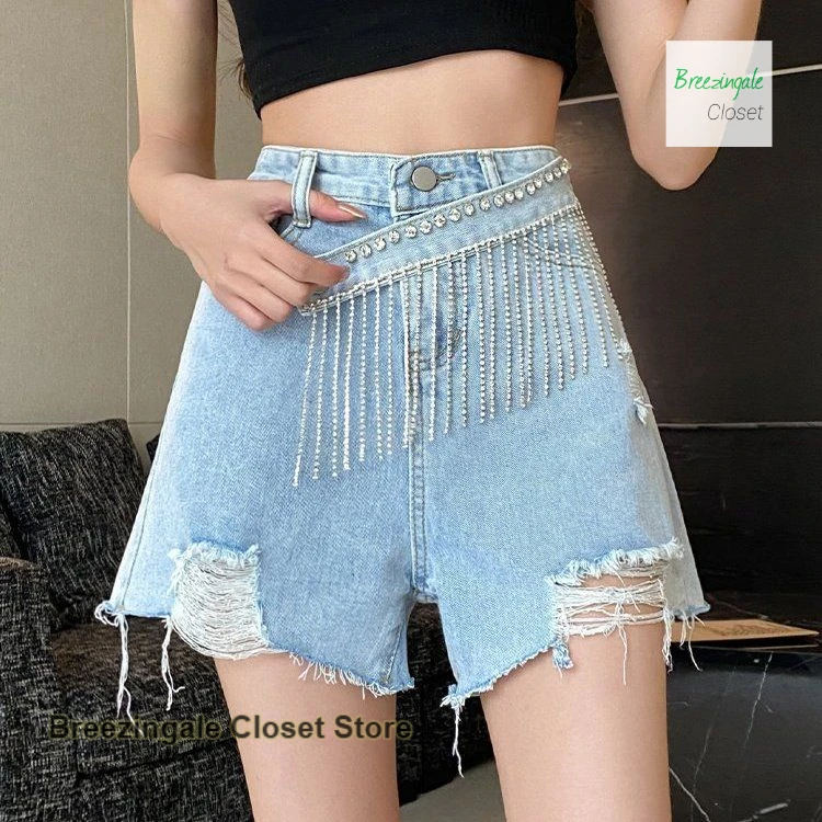 

Summer new heavy industry tassel beaded high waist A jeans female French fashion wide-leg pants with holes in raw edges.