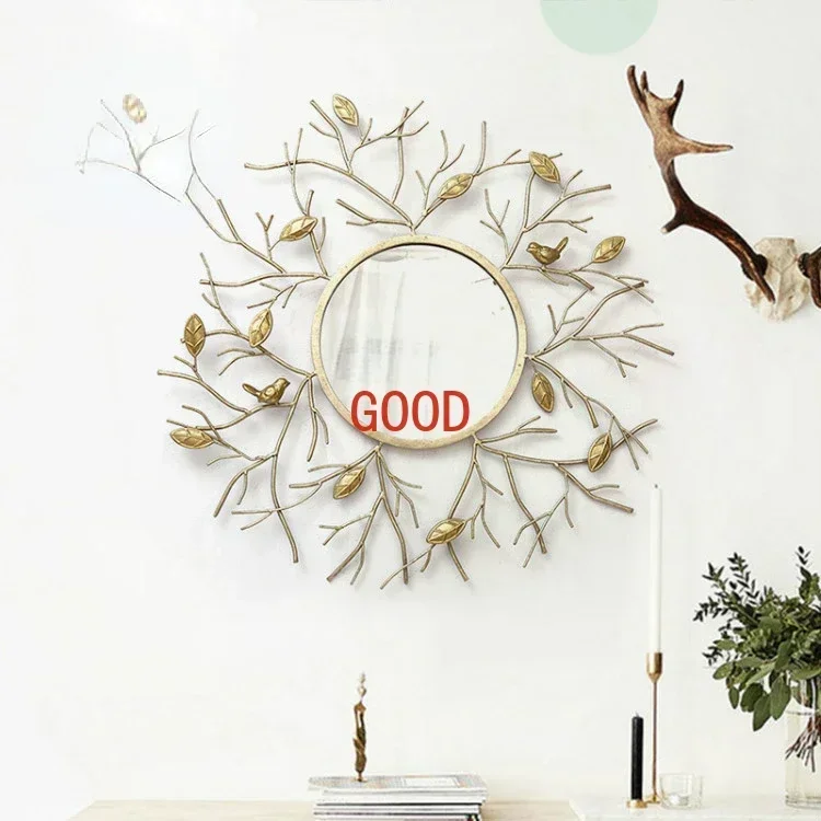 Large big house metal bird hanging hook round iron wrought wall mirror decoration art for living room